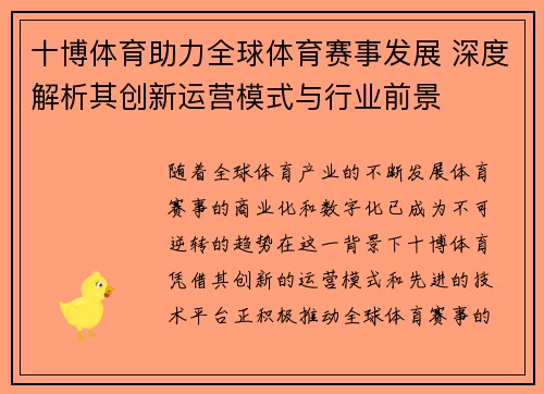 十博体育助力全球体育赛事发展 深度解析其创新运营模式与行业前景